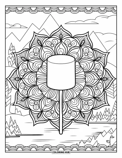 Coloriage de s'mores pour adultes : Mandala floral avec une guimauve sur un bâton et paysage en arrière-plan