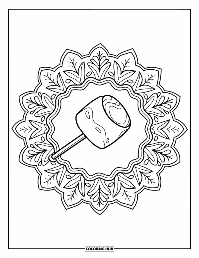 Coloriage de s'mores pour adultes : Mandala floral avec une guimauve sur un bâton au centre