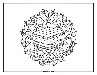 Coloriage de s'mores pour adultes : S'more fondant centré dans un mandala fleuri et feuillu