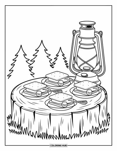 Coloriage de s'mores pour adultes : Table en bûche avec des s'mores, des guimauves et le halo d'une lanterne