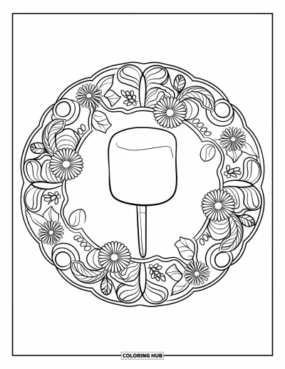 Coloriage de s'mores pour adultes : Guimauve sur un bâton encadrée d'un mandala fleuri et feuillu