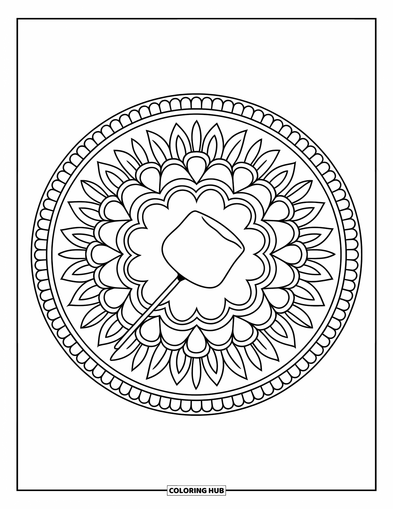 Smore Coloring Page for Adults: Marshmallow on a stick inside a floral mandala