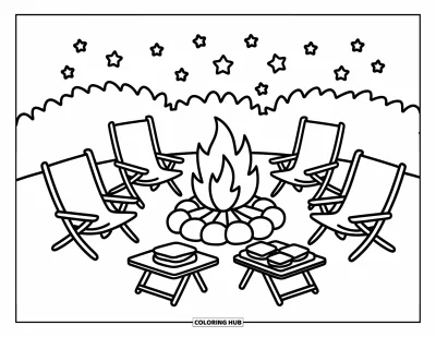 Coloriage de s'mores pour adultes : Feu de camp nocturne avec des chaises et une assiette de s'mores