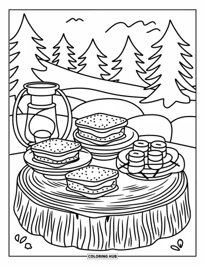 Coloriage de s'mores pour adultes : S'mores dans une assiette sur une table en bûche à la lueur d'une lanterne