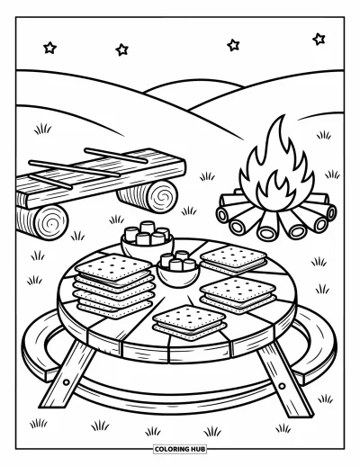 Coloriage de s'mores pour adultes : Table de pique-nique ronde avec des s'mores, du cacao et un feu de camp à proximité