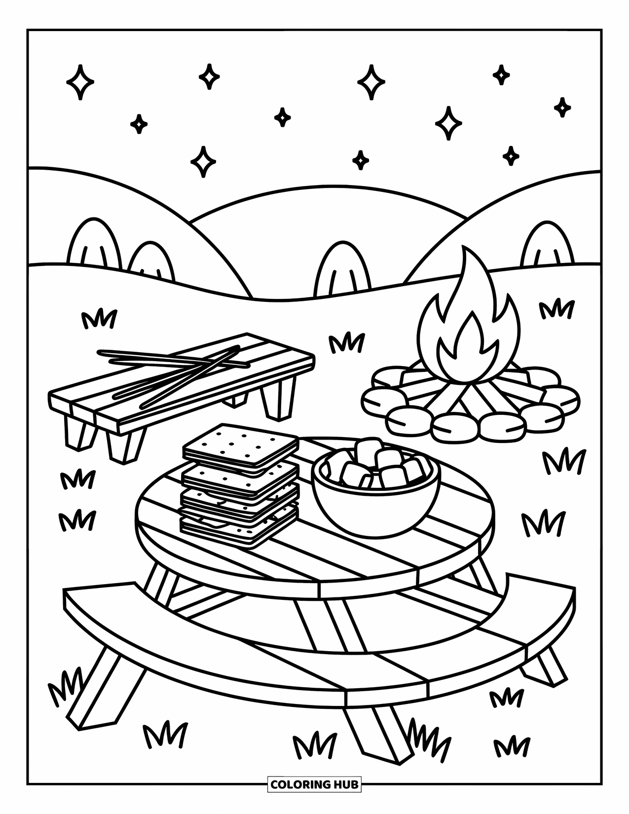 Smore Coloring Page for Adults: Round table of smores beside campfire and starlit hills