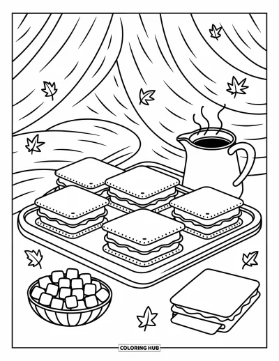 Coloriage de s'mores pour adultes : Plateau de service avec des s'mores, des guimauves, du cacao et des feuilles d'automne