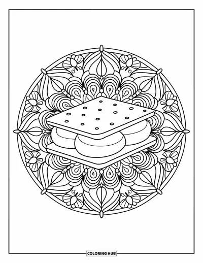 Coloriage de s'mores pour adultes : S'more encadré d'un mandala détaillé de feuilles et de fleurs