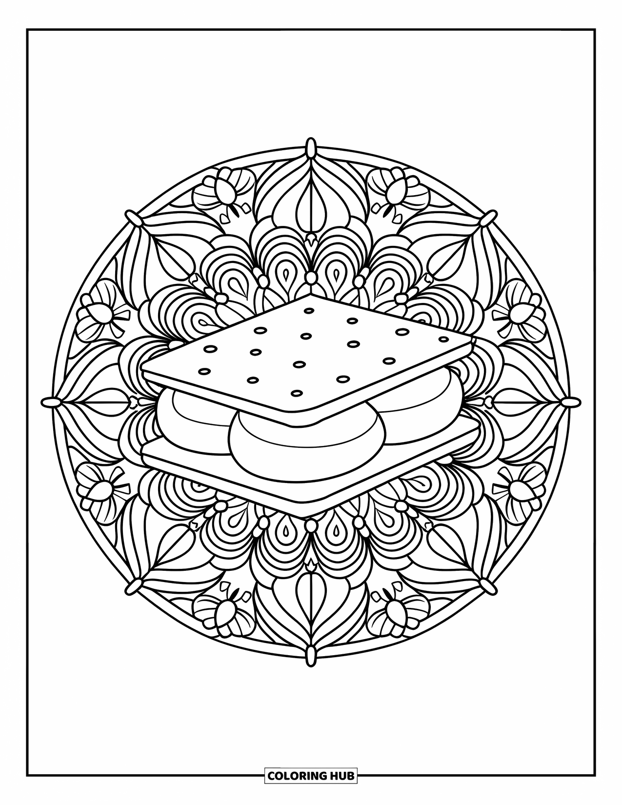 Smore Coloring Page for Adults: S'more framed by intricate leaf and flower mandala