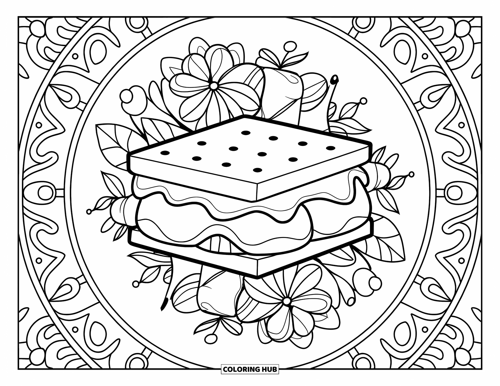 Smore Coloring Page for Adults: S'more in the middle of a detailed floral and leaf mandala
