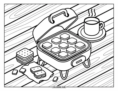 Coloriage de s'mores pour adultes : S'mores cuisant dans un four de camp avec du cacao et des garnitures sucrées