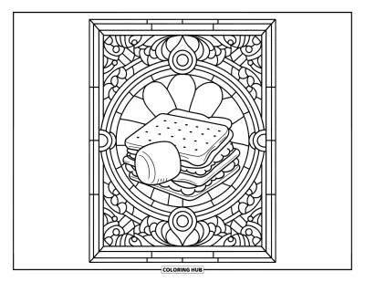 Coloriage de s'mores pour adultes : Ingrédients de s'mores encadrés par des motifs vitrail complexes