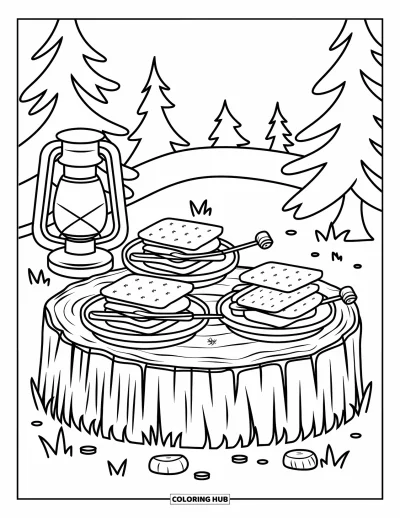 Coloriage de s'mores pour adultes : S'mores sur une table en bûche près d'une lanterne brillante