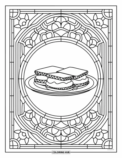 Coloriage de s'mores pour adultes : Assiette de s'mores dans un cadre vitrail détaillé avec bordure décorative