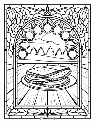 Coloriage de s'mores pour adultes : Assiette de s'mores sur une table encadrée d'un motif vitrail feuillu