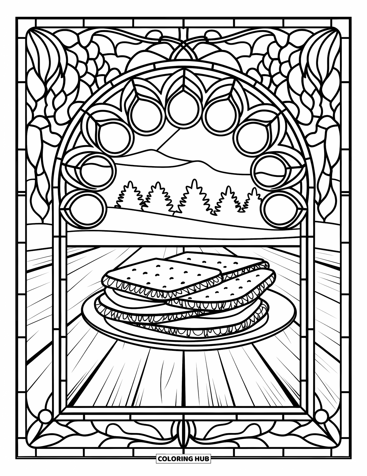 Smore Coloring Page for Adults: S'mores plate on table framed by leafy stained glass design