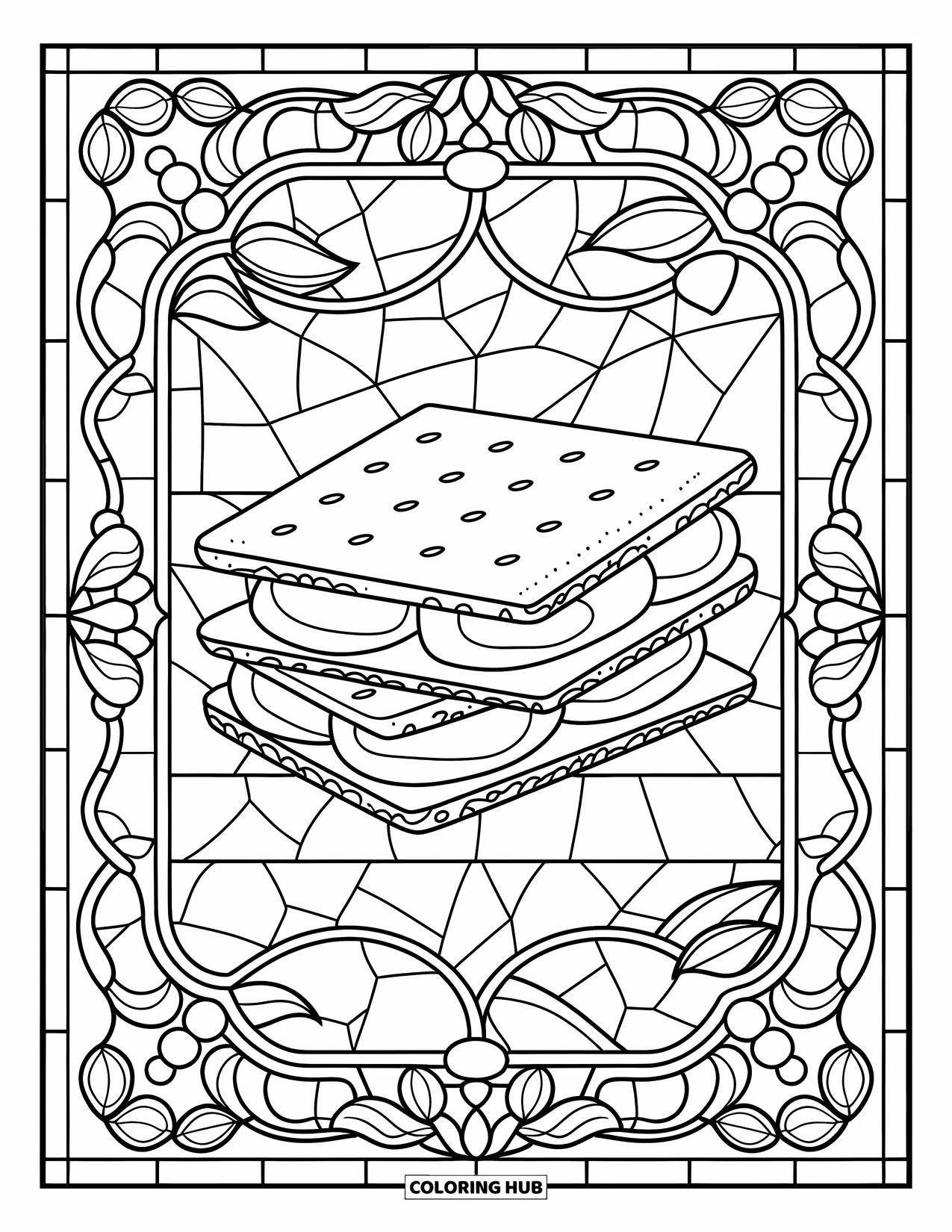 Smore Coloring Page for Adults: S'mores stack framed by floral stained glass design