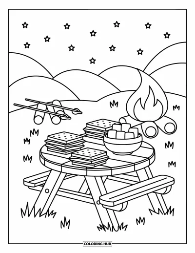 Coloriage de s'mores pour adultes : Table de s'mores avec cacao et feu de camp sous un ciel étoilé