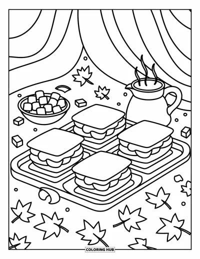 Coloriage de s'mores pour adultes : Plateau de s'mores avec guimauves, cacao et touches de feuilles d'automne