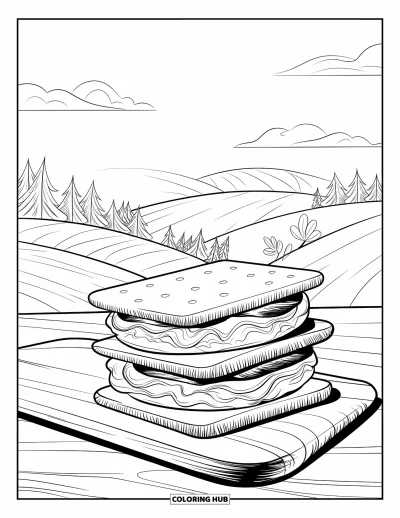 Coloriage de s'mores pour adultes : Pile de s'mores sur une planche dans un cadre vitrail ornementé