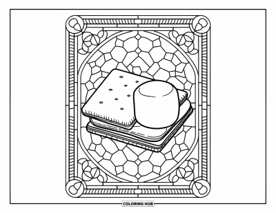 Coloriage de s'mores pour adultes : Cadre vitrail avec chocolat, guimauve et biscuit graham