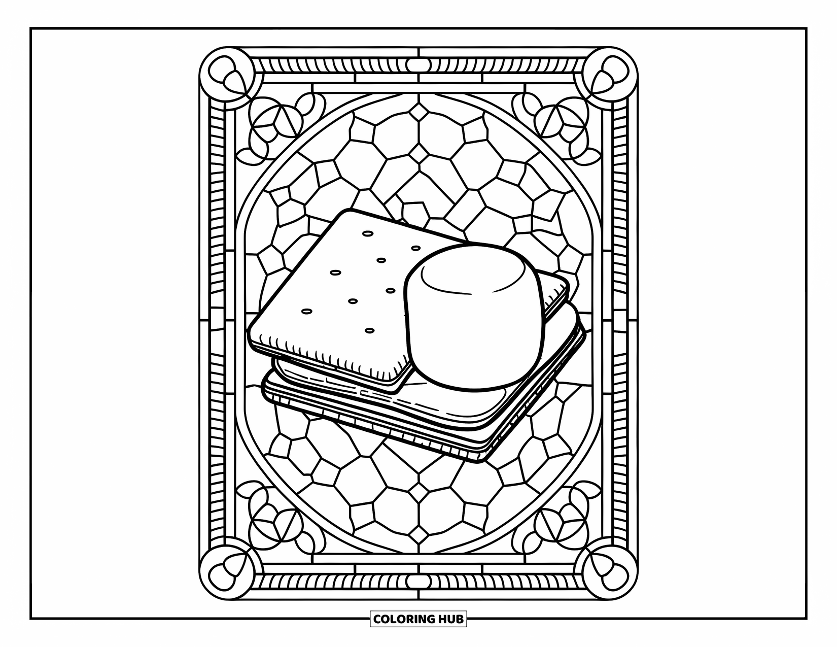 Smore Coloring Page for Adults: Stained glass patterned frame with chocolate, marshmallow, and graham cracker