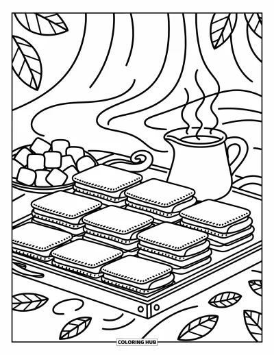 Coloriage de s'mores pour adultes : Plateau en bois avec des s'mores, des guimauves, du cacao et des feuilles éparpillées