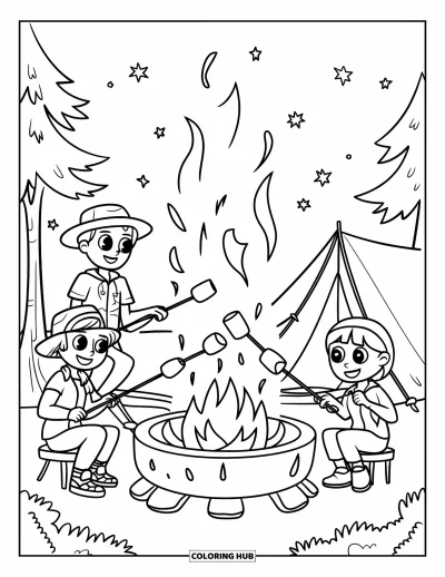 Coloriage de s'mores pour enfants : Campeurs autour d'un foyer faisant griller des guimauves sous les étoiles