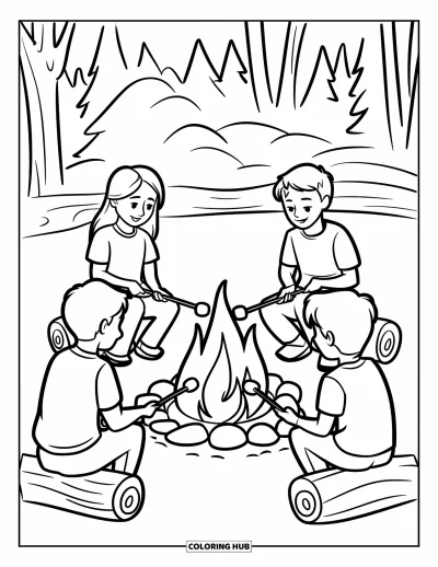 Coloriage de s'mores pour enfants : Campeurs faisant griller des guimauves au-dessus d'un feu cerclé de pierres