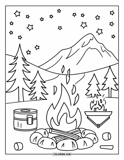 Coloriage de s'mores pour enfants : Feu de camp et guimauves avec montagnes et étoiles