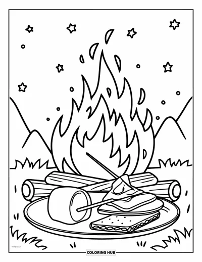 Coloriage de s'mores pour enfants : Assiette près du feu avec guimauve, chocolat et biscuits graham
