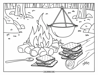 Coloriage de s'mores pour enfants : Scène de feu de camp avec les ingrédients des s'mores sur une bûche