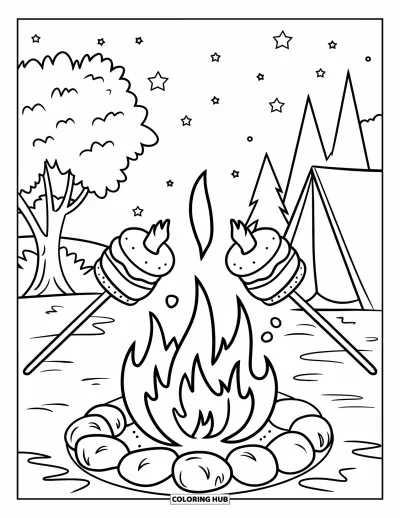 Coloriage de s'mores pour enfants : Feu de camp avec des s'mores grillant sous un ciel étoilé