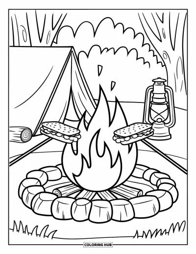 Coloriage de s'mores pour enfants : Feu de camp avec tente, bûche et lanterne à proximité
