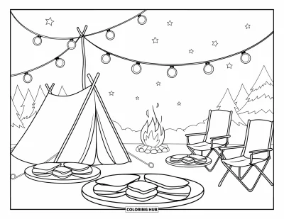 Coloriage de s'mores pour enfants : Camping sous les étoiles avec des guirlandes lumineuses et des s'mores