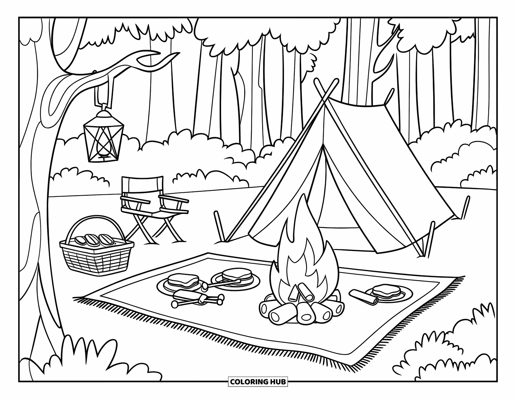 Smore Coloring Page for Kids: Cozy campsite with lanterns, s'mores, and marshmallows roasting