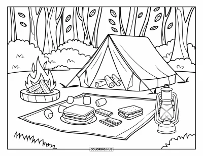 Coloriage de s'mores pour enfants : Foyer à côté d'une couverture de pique-nique avec des s'mores et des lanternes