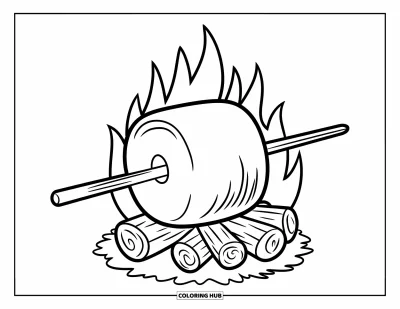 Coloriage de s'mores pour enfants : Grande guimauve sur une brochette au-dessus d'un feu de bûches