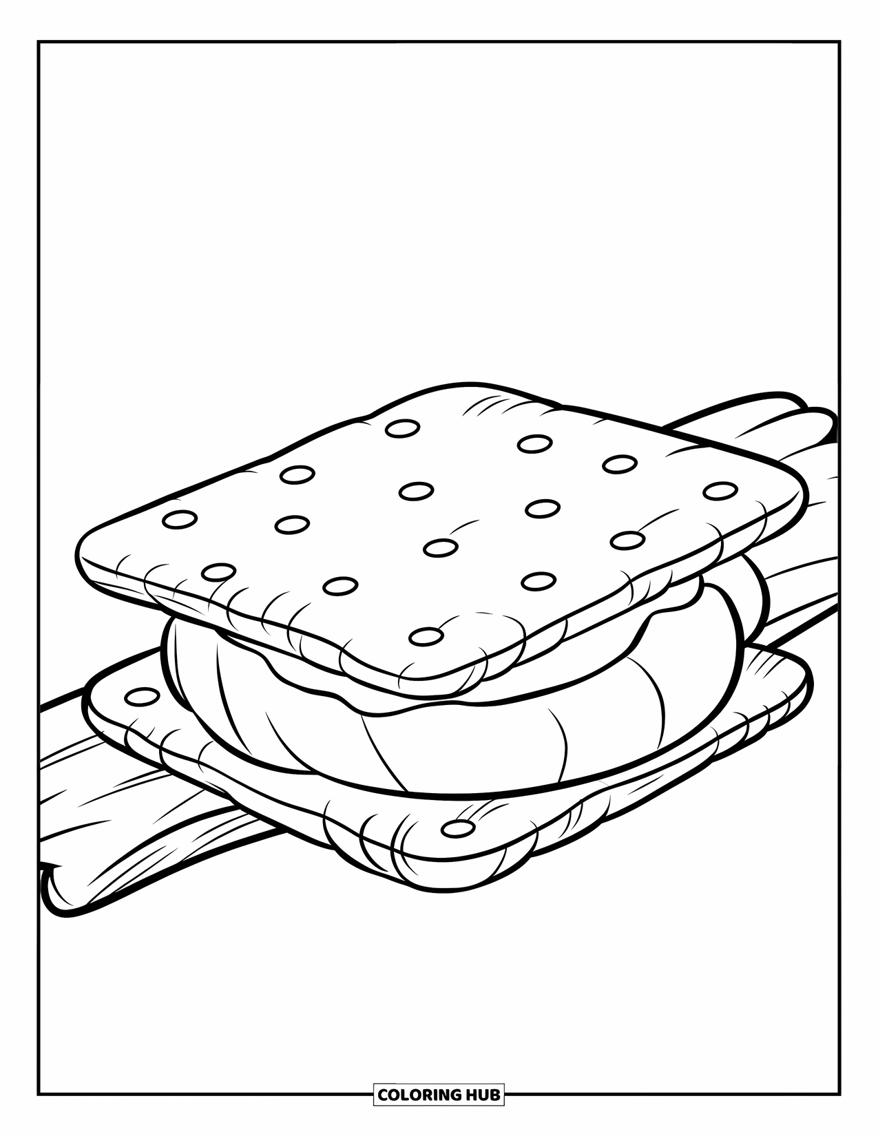Smore Coloring Page for Kids: Graham cracker with marshmallow, chocolate, and wooden stick