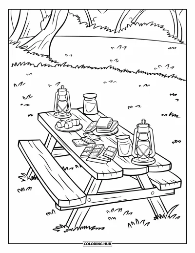 Coloriage de s'mores pour enfants : Table de pique-nique dans un champ avec des s'mores et des lanternes