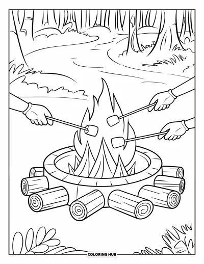Coloriage de s'mores pour enfants : Mains faisant griller des guimauves au-dessus d'un foyer en forêt