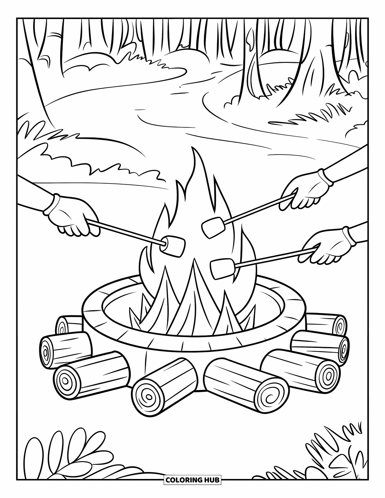 Smore Coloring Page for Kids: Hands roasting marshmallows over a fire pit in the woods