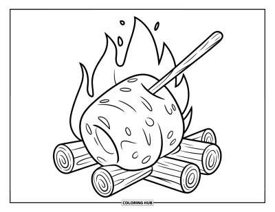 Coloriage de s'mores pour enfants : Grande guimauve sur une brochette au-dessus d'un feu de bûches