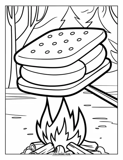 Coloriage de s'mores pour enfants : Grand s'more sur un bâton au-dessus d'un feu de camp