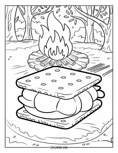 Coloriage de s'mores pour enfants : Grand s'more avec feu de camp et forêt mousseuse en arrière-plan