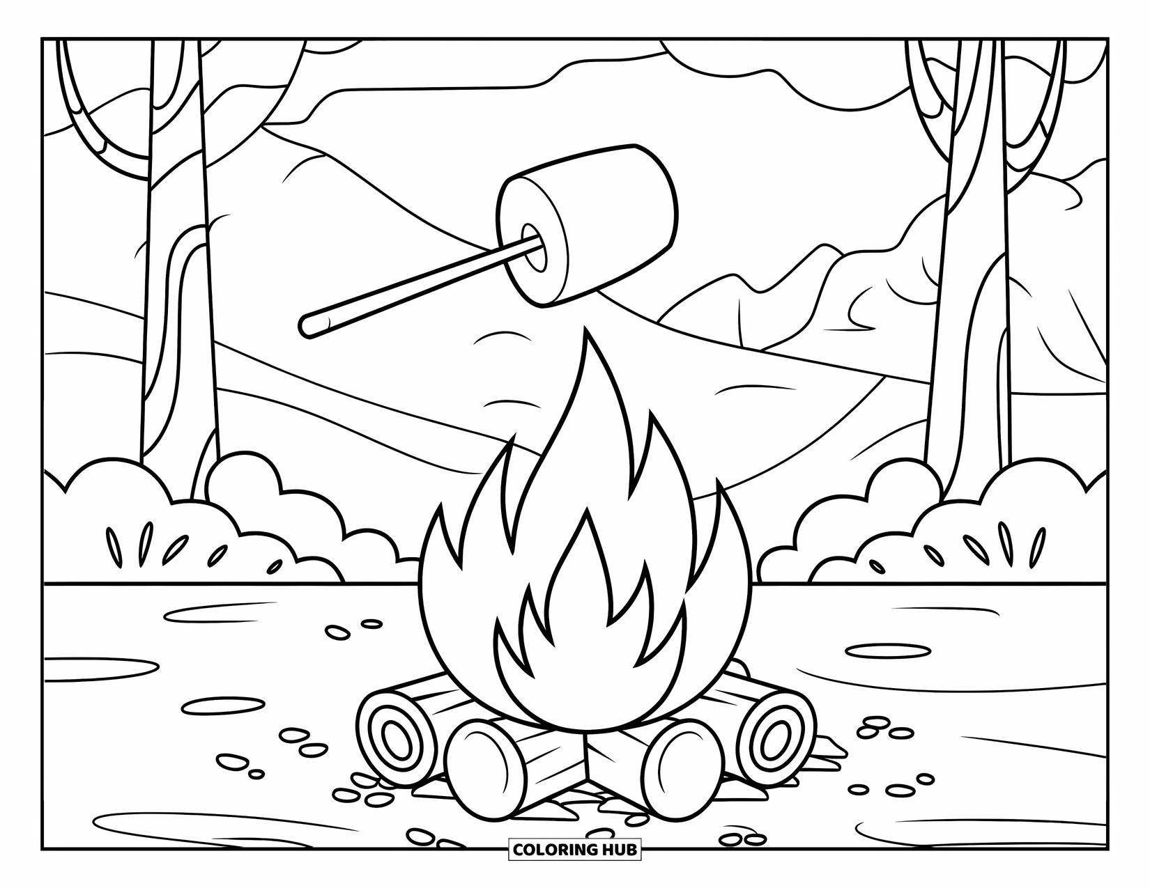 Smore Coloring Page for Kids: Marshmallow on a stick over a campfire in the woods
