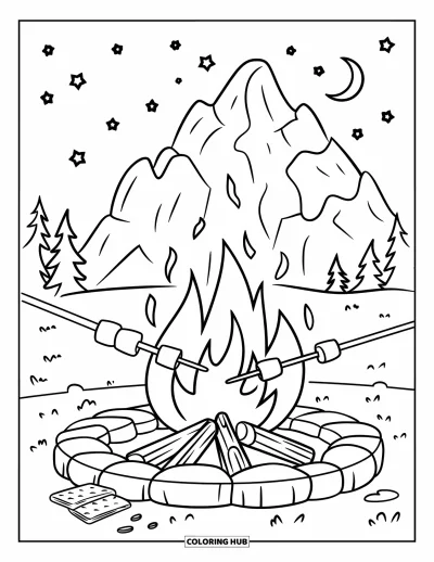 Coloriage de s'mores pour enfants : Guimauves, biscuits graham et chocolat près d'un feu de camp