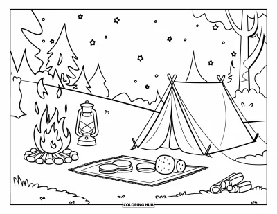 Coloriage de s'mores pour enfants : Couverture de pique-nique avec des s'mores, des lanternes et un feu de camp