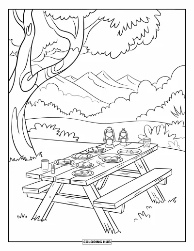 Coloriage de s'mores pour enfants : Table de pique-nique avec les ingrédients des s'mores dans un cadre montagneux