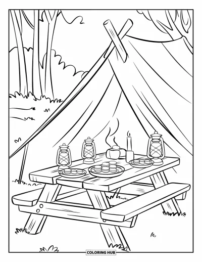 Coloriage de s'mores pour enfants : Table de pique-nique rustique avec les ingrédients des s'mores et des lanternes